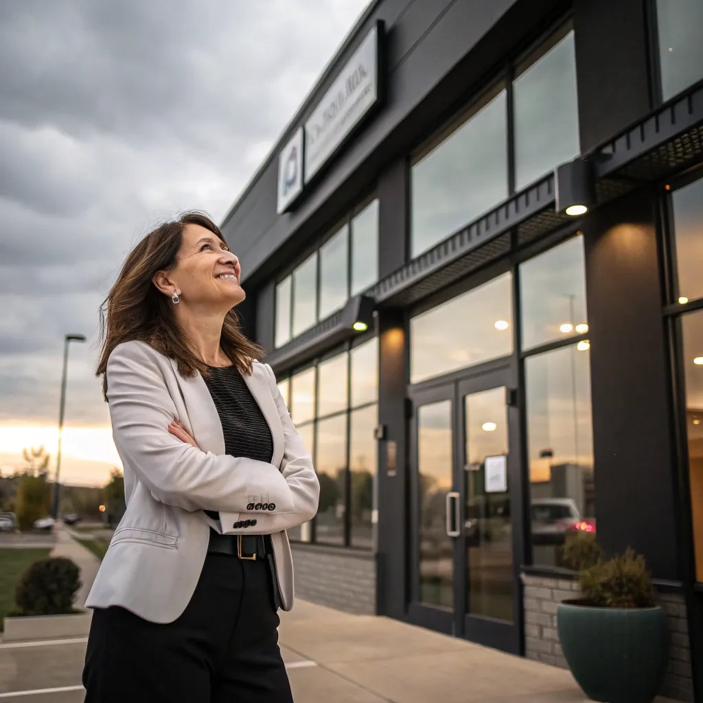 Satisfied woman standing outside a business