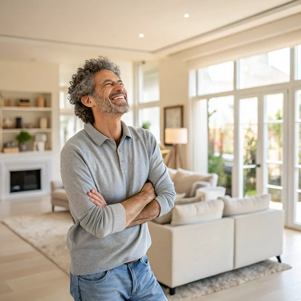 Happy man in a disinfected home