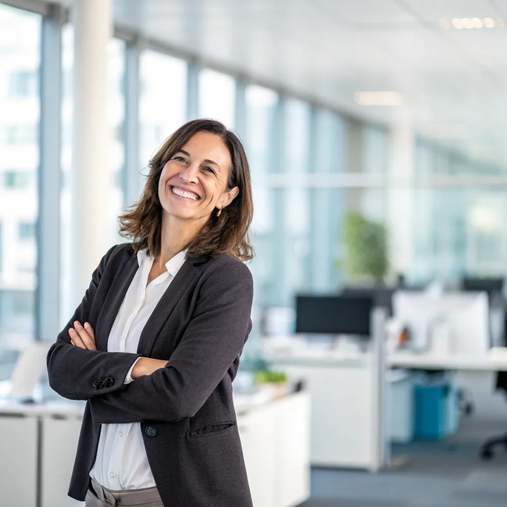 Smiling woman with cleaned office background